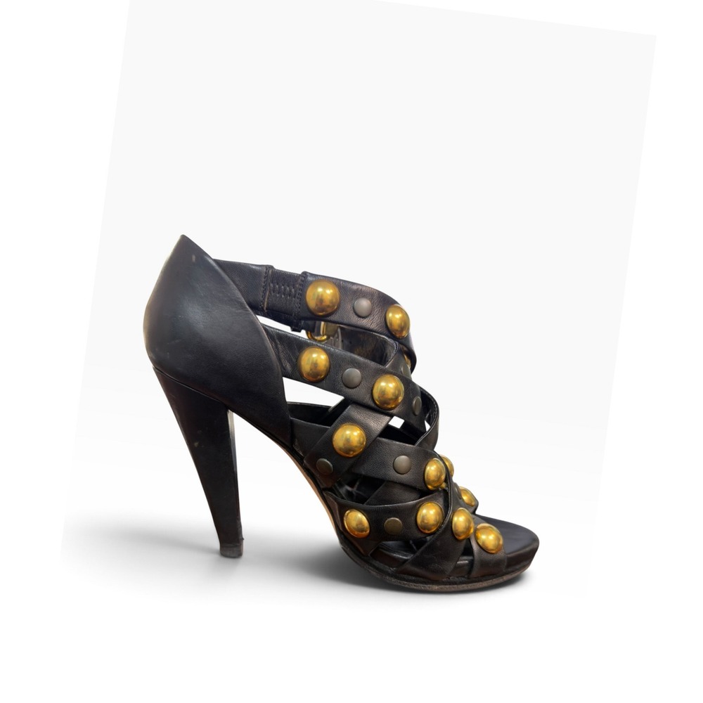 Gucci Babouska Caged Heels 37.5 Black Leather Gold Studded Sandals Italy Rare